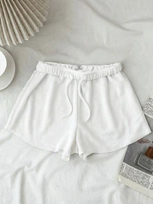 SHEIN Tween Girls' Solid Color Drawstring Waist Casual Versatile Daily Wear Shorts - White - View 1