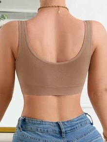 SHEIN 休闲舒适无缝纯色前褶皱无钢圈文胸带织物装饰宽肩带尼龙女士文胸 - 卡其色 - 查看 2