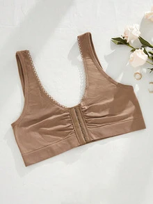 SHEIN 休闲舒适无缝纯色前褶皱无钢圈文胸带织物装饰宽肩带尼龙女士文胸 - 卡其色 - 查看 7