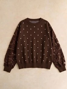 Elaquor 大尺碼女款波點圖案對比蕾絲長袖套頭毛衣 派對晚宴約會之夜 秋季休閒 70年代優雅風 - 摩卡棕 - 查看 2
