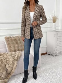 SHEIN Clasi 女款格紋單扣休閒百搭通勤旅行長袖西裝外套，冬季外套上班上衣 - 彩色 - 查看 3