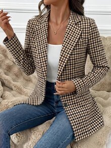 SHEIN Clasi 女款格紋單扣休閒百搭通勤旅行長袖西裝外套，冬季外套上班上衣 - 彩色 - 查看 6