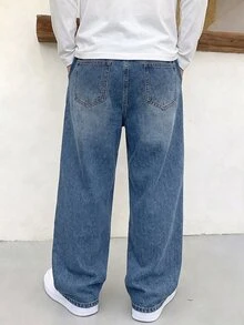 SHEIN Genkimix Kids 男童牛仔長褲 全季款 柔軟棉質 休閒街頭時尚 彈性腰頭 經典五口袋 雪洗 寬鬆直筒 寬腿版型 藍色 - 中等水洗藍 - 查看 3