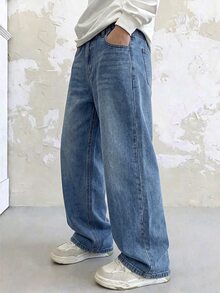 SHEIN Genkimix Kids 男童牛仔長褲 全季款 柔軟棉質 休閒街頭時尚 彈性腰頭 經典五口袋 雪洗 寬鬆直筒 寬腿版型 藍色 - 中等水洗藍 - 查看 7