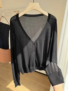 Comfortcana Cárdigan de talla grande con cuello en V profundo, unicolor y botones, estilo sexy para otoño/invierno - Negro - Ver 1
