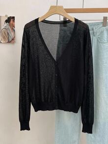 Comfortcana Cárdigan de talla grande con cuello en V profundo, unicolor y botones, estilo sexy para otoño/invierno - Negro - Ver 7