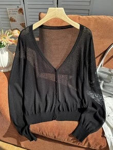Comfortcana Cárdigan de talla grande con cuello en V profundo, unicolor y botones, estilo sexy para otoño/invierno - Negro - Ver 4