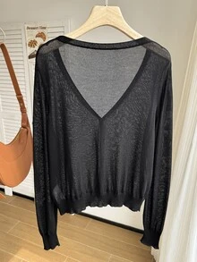 Comfortcana Cárdigan de talla grande con cuello en V profundo, unicolor y botones, estilo sexy para otoño/invierno - Negro - Ver 2