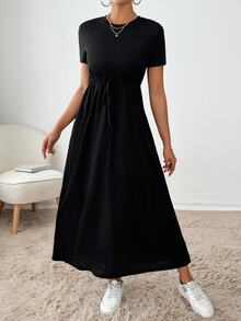 SHEIN Essnce 黑色抽绳腰侧袋中长连衣裙 返校服 秋季女装 教师服装 单身女郎连衣裙 休闲女装 中长连衣裙 工作女装 秋季连衣裙 女装 超长连衣裙 万圣节服装 商务休闲连衣裙 夏季女装 - 黑色 - 查看 4
