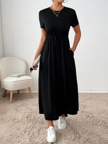 SHEIN Essnce 黑色抽绳腰侧袋中长连衣裙 返校服 秋季女装 教师服装 单身女郎连衣裙 休闲女装 中长连衣裙 工作女装 秋季连衣裙 女装 超长连衣裙 万圣节服装 商务休闲连衣裙 夏季女装 - 黑色 - 查看 5