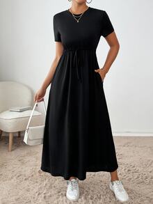 SHEIN Essnce 黑色抽绳腰侧袋中长连衣裙 返校服 秋季女装 教师服装 单身女郎连衣裙 休闲女装 中长连衣裙 工作女装 秋季连衣裙 女装 超长连衣裙 万圣节服装 商务休闲连衣裙 夏季女装 - 黑色 - 查看 6