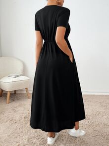SHEIN Essnce 黑色抽绳腰侧袋中长连衣裙 返校服 秋季女装 教师服装 单身女郎连衣裙 休闲女装 中长连衣裙 工作女装 秋季连衣裙 女装 超长连衣裙 万圣节服装 商务休闲连衣裙 夏季女装 - 黑色 - 查看 2