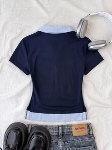 青少年女孩黑白配色 Polo 領短袖休閒 T 恤 - 彩色 - 查看 2
