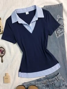 青少年女孩黑白配色 Polo 領短袖休閒 T 恤 - 彩色 - 查看 4