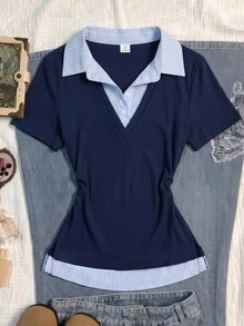 青少年女孩黑白配色 Polo 領短袖休閒 T 恤 - 彩色 - 查看 1