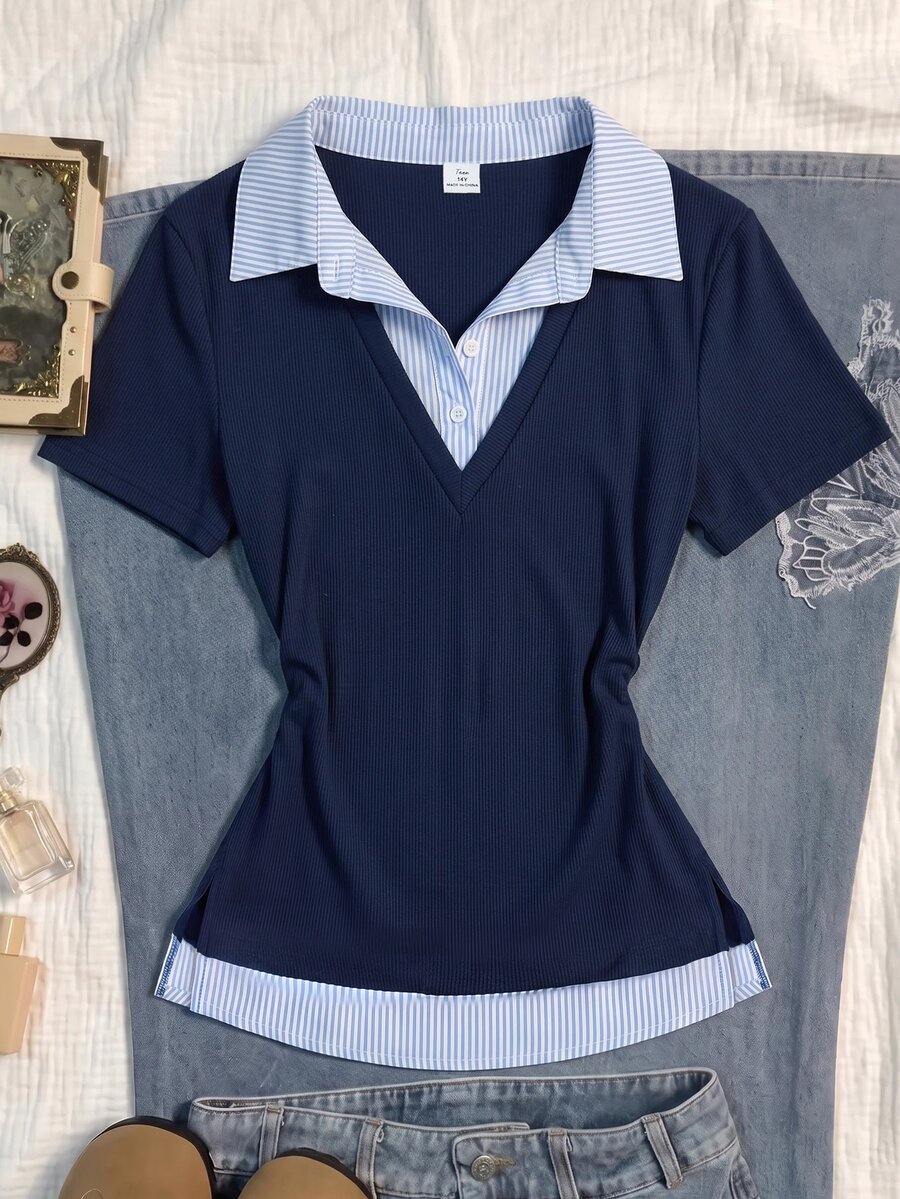 青少年女孩黑白配色 Polo 領短袖休閒 T 恤 - 彩色 - 查看 1
