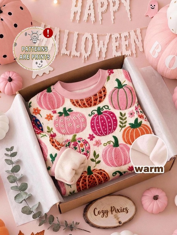 Colorful Cute Pastoral Pumpkin Pattern, Young Girl Casual Soft Comfortable Loose Crew Neck Sweatshirt Suitable For Autumn/Winter Daily, Pumpkin Season, Autumn Vibes, Farm, Outdoor, Cozy Vibes, New Style! New Season!
