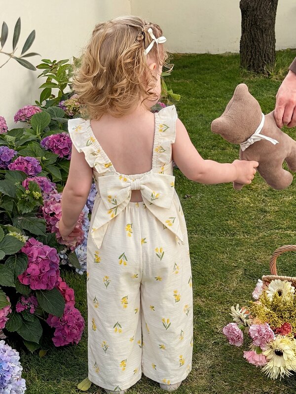 LMoss Kids Baby Girl Woven Printed Square Neck Ruffle Casual Jumpsuit