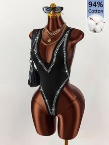 Amplova 2026新款箔印深V領性感連身衣 女款 - 黑色 - 查看 4