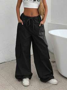 SHEIN EZwear Casual Solid Color Drawstring Baggy Wide-Leg Parachute Pants - Black - View 1