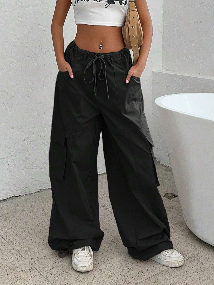 SHEIN EZwear Casual Solid Color Drawstring Baggy Wide-Leg Parachute Pants - Black - View 1