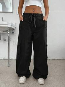 SHEIN EZwear Casual Solid Color Drawstring Baggy Wide-Leg Parachute Pants - Black - View 4