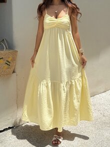 DAZY Spring Summer Yellow Beach Party Holiday Outfit Summer Yellow Spaghetti Strap Ruched Vacation Summer Women's Midi Dress Sundress - Yellow - View 5