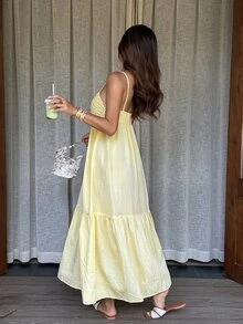 DAZY Spring Summer Yellow Beach Party Holiday Outfit Summer Yellow Spaghetti Strap Ruched Vacation Summer Women's Midi Dress Sundress - Yellow - View 2