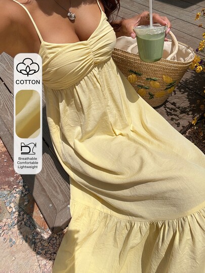 DAZY Spring Summer Yellow Beach Party Holiday Outfit Summer Yellow Spaghetti Strap Ruched Vacation Summer Women's Midi Dress Sundress