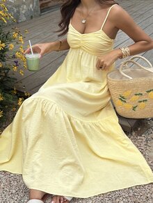 DAZY Spring Summer Yellow Beach Party Holiday Outfit Summer Yellow Spaghetti Strap Ruched Vacation Summer Women's Midi Dress Sundress - Yellow - View 4