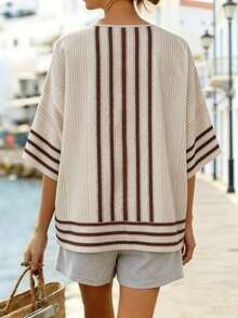 SHEIN Holidaya Women's Blue And White Stripe Summer Boho Holiday Vacation Short Sleeve V-Neck Drop Shoulder Loose Top,Beach Cover-Up Casual Shirt Outfits - Multicolor - View 3