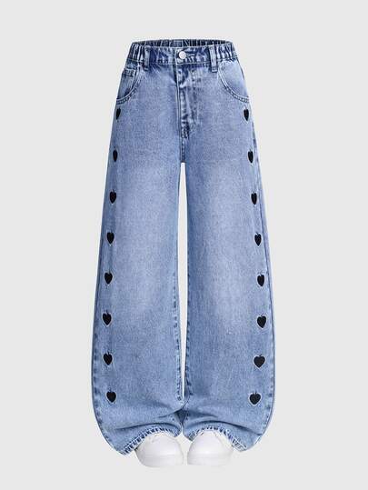 SHEIN Jeans de pierna ancha con bordado de corazón azul para niña preadolescente, pantalones holgados de moda con flecos, lavado desgastado y diseño de copo de nieve para la escuela en otoño