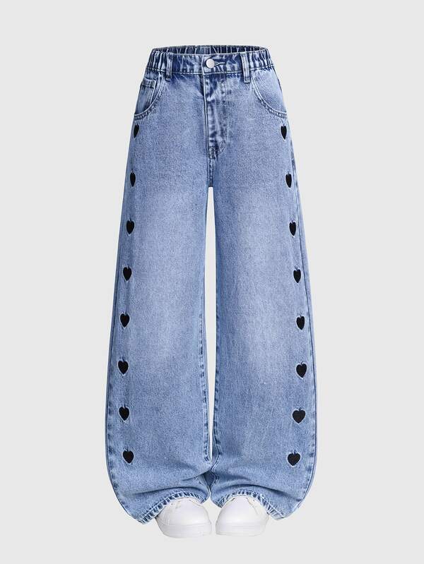SHEIN Jeans de pierna ancha con bordado de corazón azul para niña preadolescente, pantalones holgados de moda con flecos, lavado desgastado y diseño de copo de nieve para la escuela en otoño
