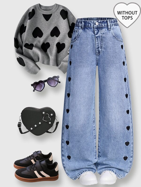 SHEIN Jeans de pierna ancha con bordado de corazón azul para niña preadolescente, pantalones holgados de moda con flecos, lavado desgastado y diseño de copo de nieve para la escuela en otoño