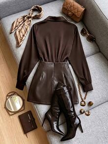 GlowEve Women's Solid Color Single-Breasted Long Sleeve Top And Mini Skirt Fashion 2 Pieces Set - Coffee Brown - View 2