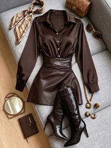 GlowEve Women's Solid Color Single-Breasted Long Sleeve Top And Mini Skirt Fashion 2 Pieces Set - Coffee Brown - View 6
