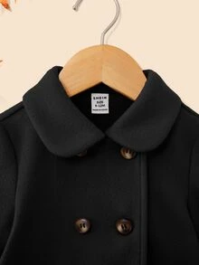 SHEIN 女宝宝温暖可爱百搭翻领中长外套，秋冬 - 黑色 - 查看 3