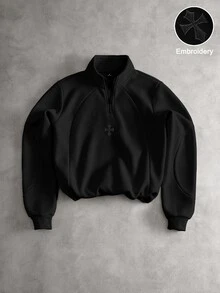 PAVTROS Men's Streetwear Half-Zip Pullover Sweatshirt, Patchwork Design With Small Embroidered Logo, Gift For Boyfriend/Husband, Anniversary Gift, Men's Pullover Pullover Sweatshirt - Black - View 1