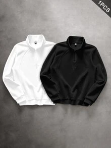 PAVTROS Men's Streetwear Half-Zip Pullover Sweatshirt, Patchwork Design With Small Embroidered Logo, Gift For Boyfriend/Husband, Anniversary Gift, Men's Pullover Pullover Sweatshirt - Black - View 2
