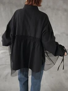 FRIFUL Women's Solid Color Pleated Casual Versatile Everyday Outing Shirt Fall - Black - View 2