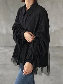 FRIFUL Women's Solid Color Pleated Casual Versatile Everyday Outing Shirt Fall - Black - View 5