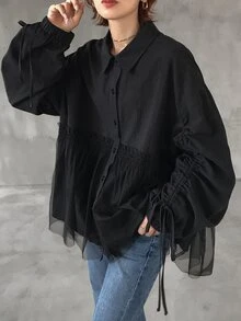 FRIFUL Women's Solid Color Pleated Casual Versatile Everyday Outing Shirt Fall - Black - View 8