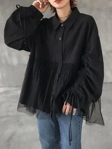 FRIFUL Women's Solid Color Pleated Casual Versatile Everyday Outing Shirt Fall - Black - View 6