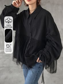 FRIFUL Women's Solid Color Pleated Casual Versatile Everyday Outing Shirt Fall - Black - View 1