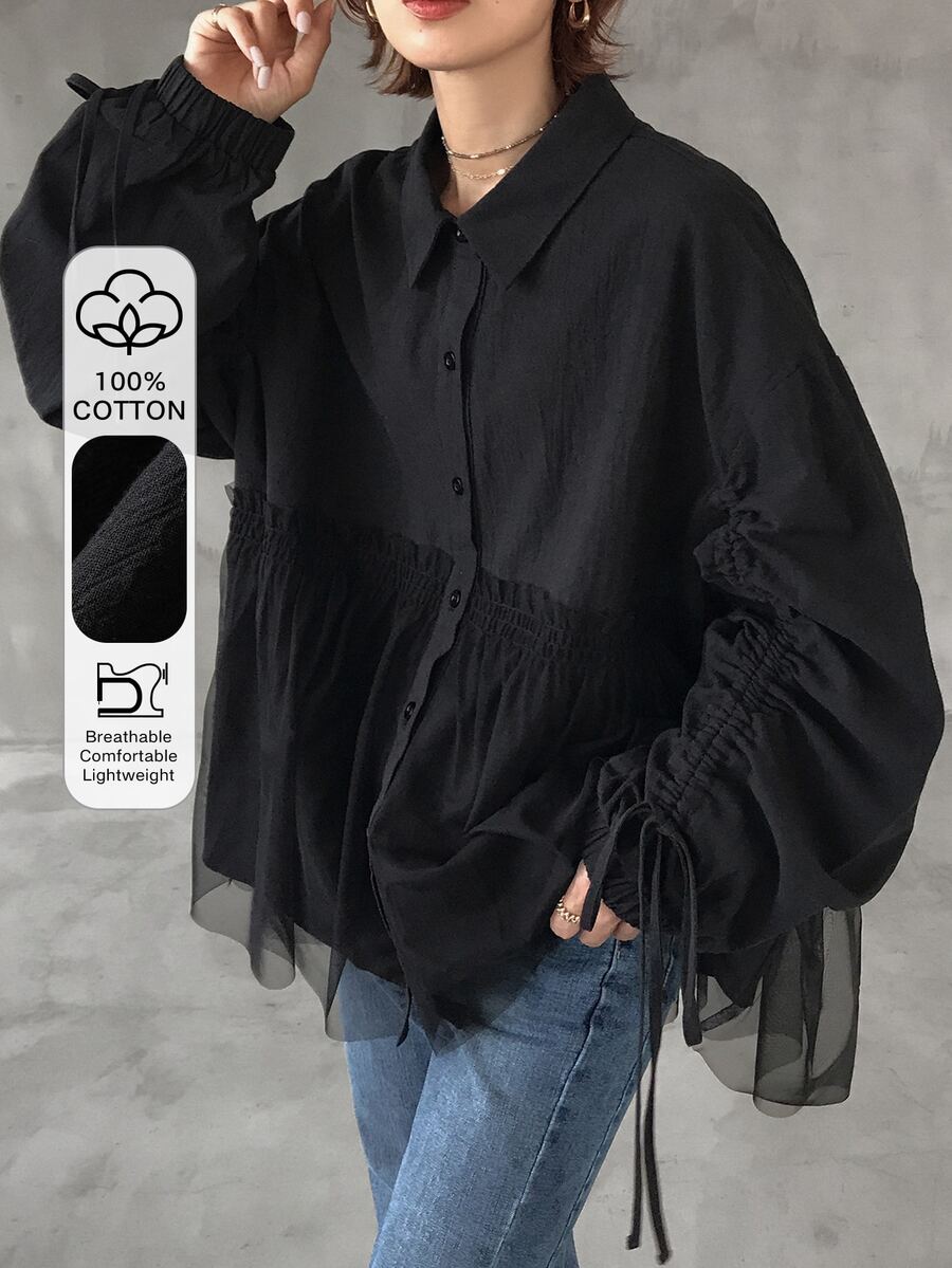 FRIFUL Women's Solid Color Pleated Casual Versatile Everyday Outing Shirt Fall - Black - View 1