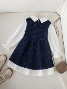 SHEIN Young Girl Young Girl Young Girl Young Girl Knight Embroidery Contrast Color Lapel Long Sleeve Casual Dress - Multicolor - View 5