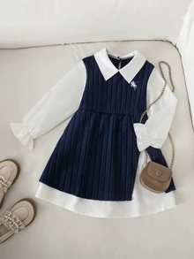 SHEIN Young Girl Young Girl Young Girl Young Girl Knight Embroidery Contrast Color Lapel Long Sleeve Casual Dress - Multicolor - View 4