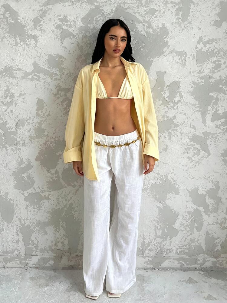 Glamine Women's Casual Loose Fit Long Sleeve Buttoned Pale Yellow Shirt,Summer Holiday Vacation Resort Wear,Beach Daily Simple Autumn Top,Business - Yellow - View 3