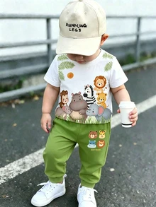 SHEIN 男嬰可愛動物動物園猴子河馬大象斑馬獅子圓領T恤短褲套裝，綠色調，夏季休閒趣味，沙灘白色 - 彩色 - 查看 1