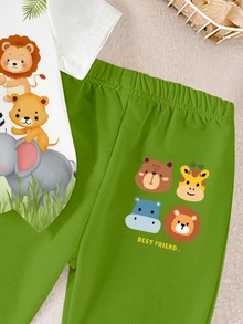 SHEIN 男嬰可愛動物動物園猴子河馬大象斑馬獅子圓領T恤短褲套裝，綠色調，夏季休閒趣味，沙灘白色 - 彩色 - 查看 5